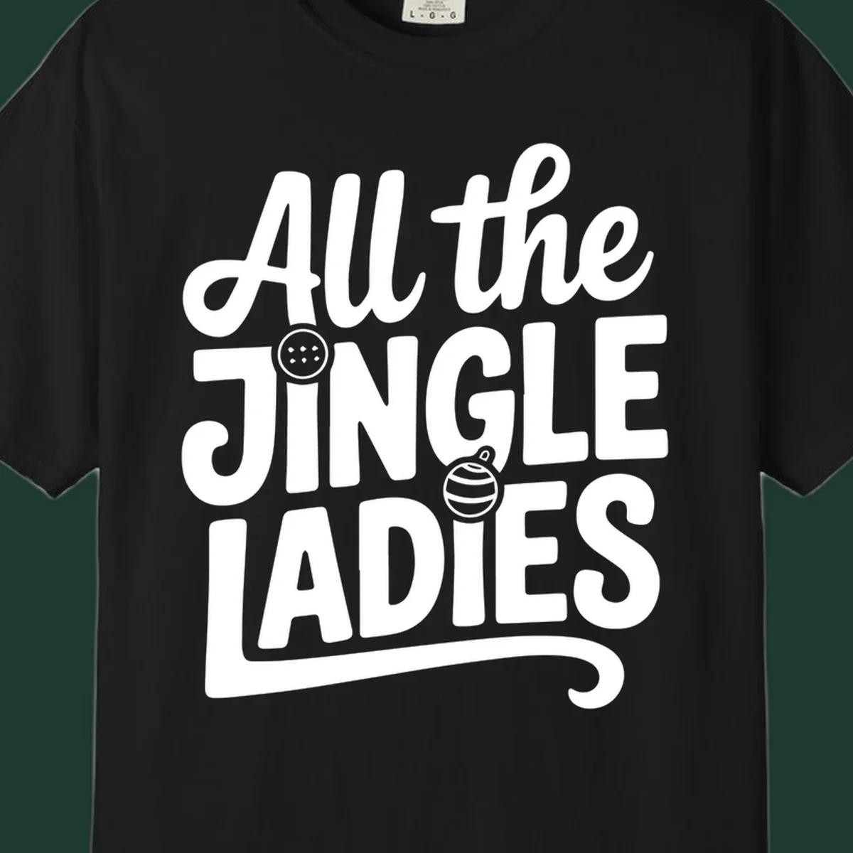 White typography "All the JINGLE LADIES" with integrated Christmas ornaments, for the jingle-ladies-christmas concept.