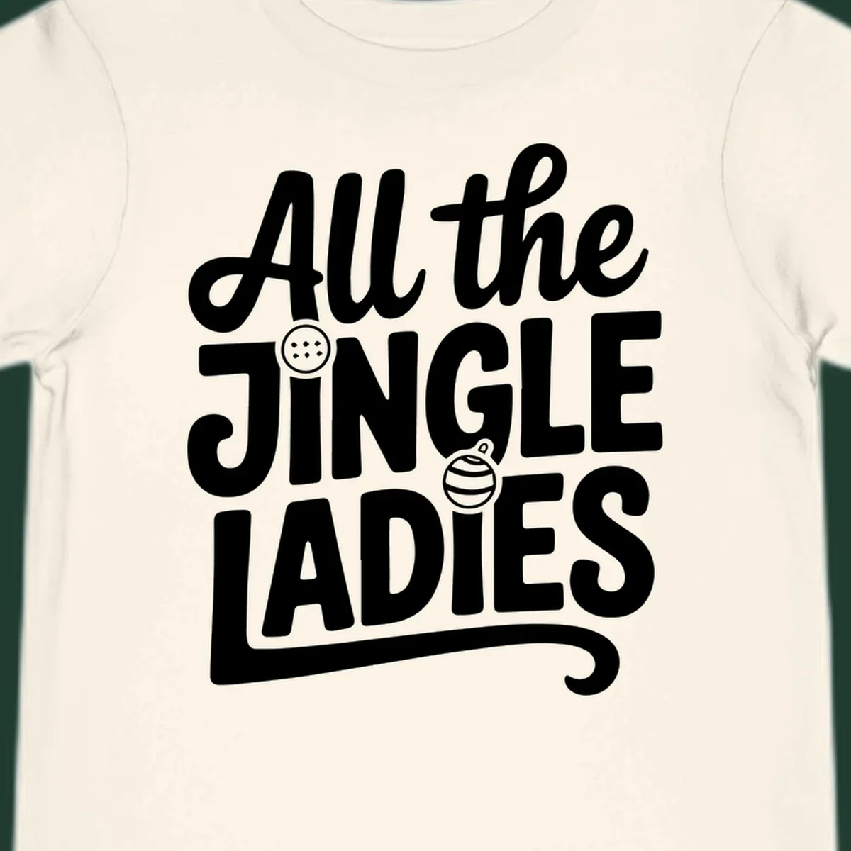 White typography "All the JINGLE LADIES" with integrated Christmas ornaments, for the jingle-ladies-christmas concept.