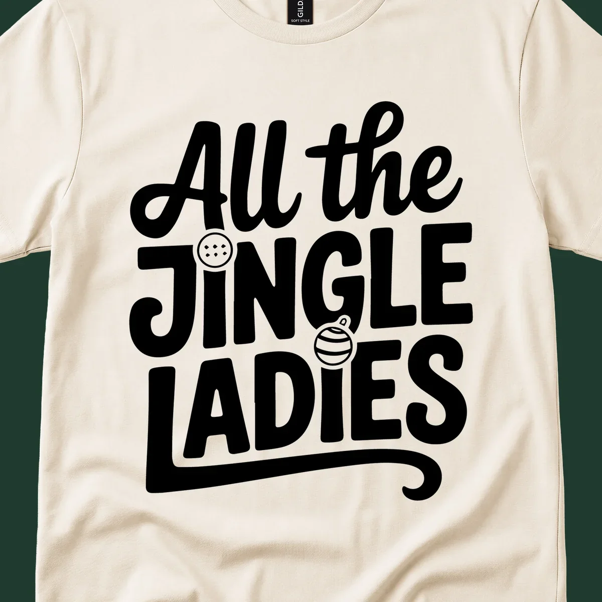 White typography "All the JINGLE LADIES" with integrated Christmas ornaments, for the jingle-ladies-christmas concept.