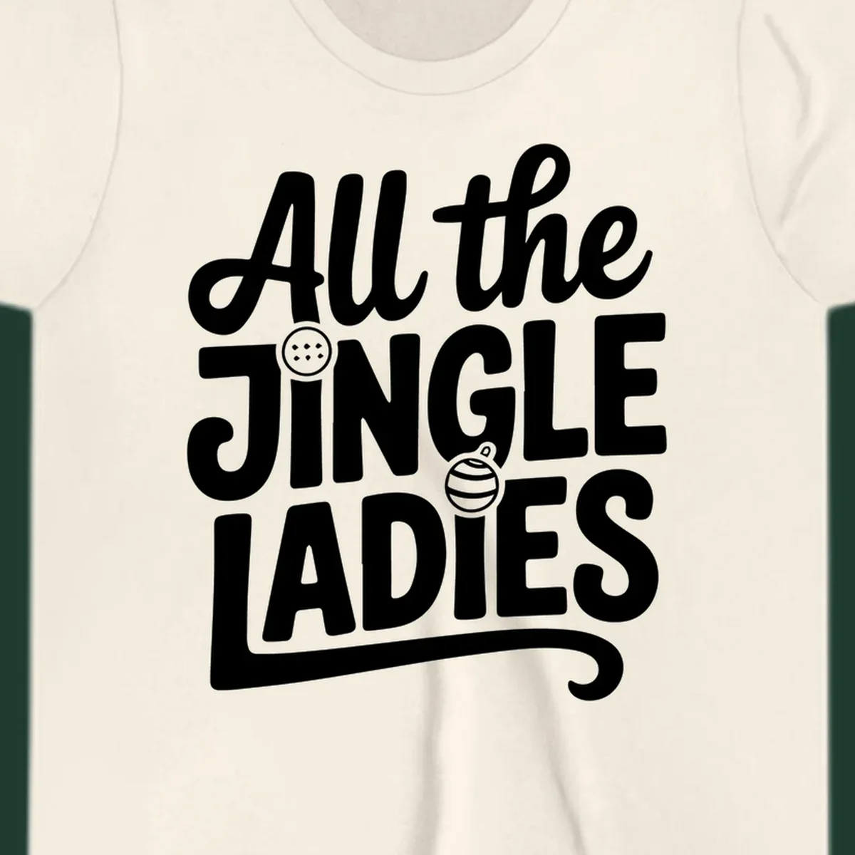 White typography "All the JINGLE LADIES" with integrated Christmas ornaments, for the jingle-ladies-christmas concept.