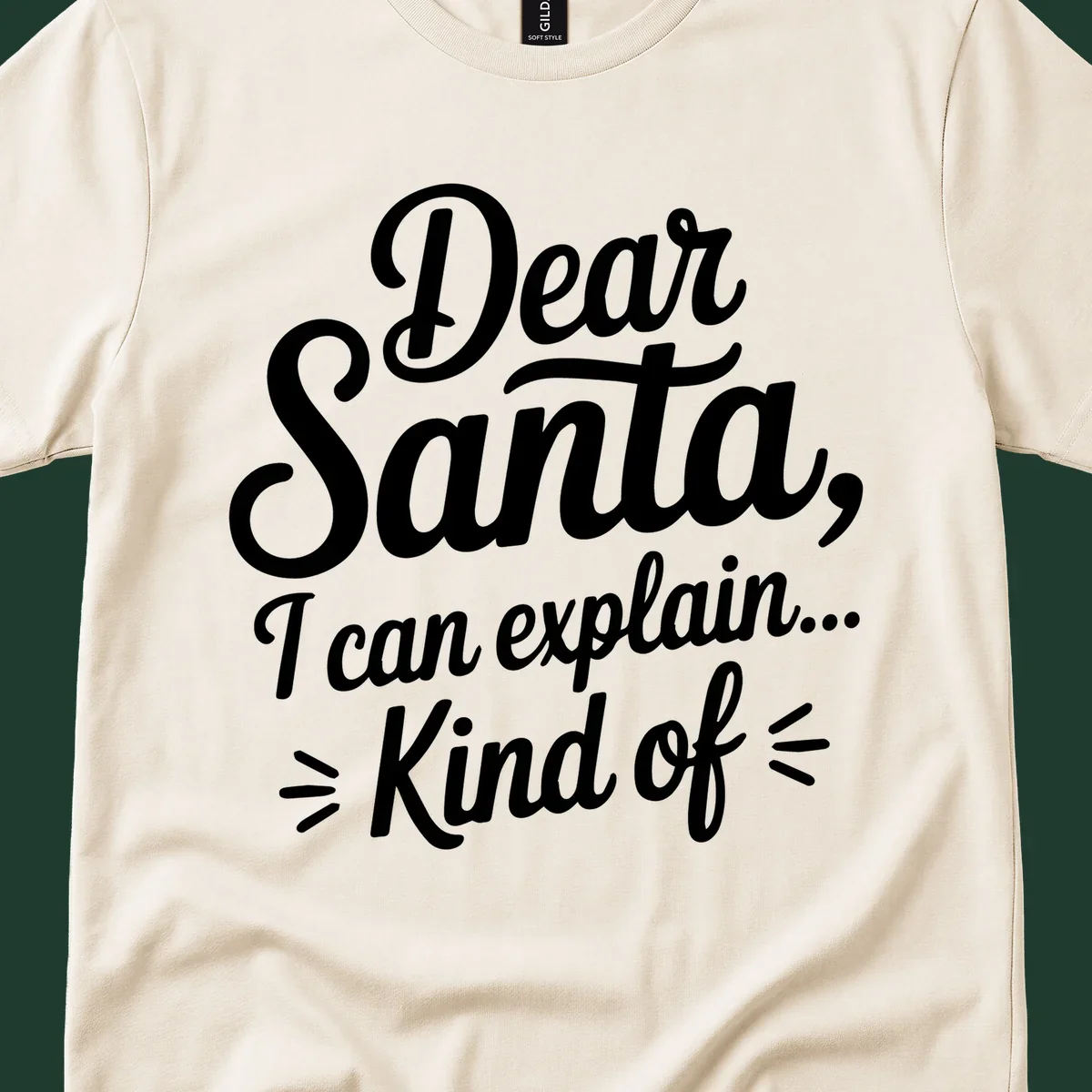 Dear Santa I Can Explain Kind Of text design in white script font.