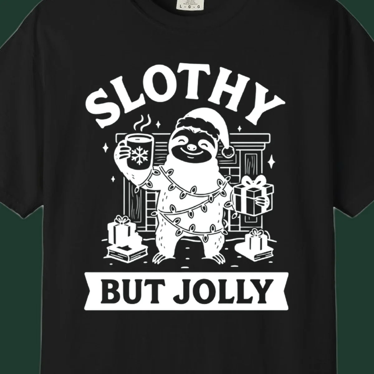 Sloth wearing Santa hat and Christmas lights, holding mug and gift, with text Slothy But Jolly.