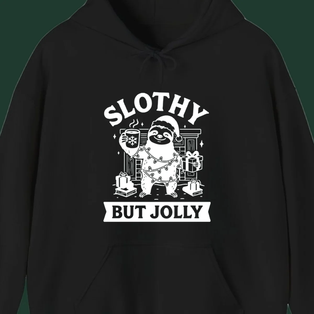 Sloth wearing Santa hat and Christmas lights, holding mug and gift, with text Slothy But Jolly.