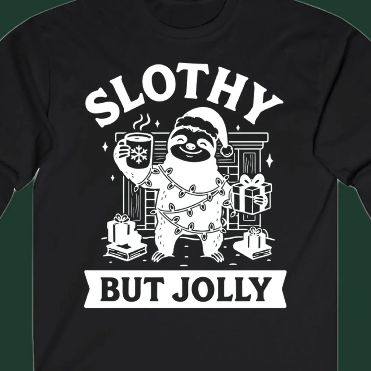 Sloth wearing Santa hat and Christmas lights, holding mug and gift, with text Slothy But Jolly.