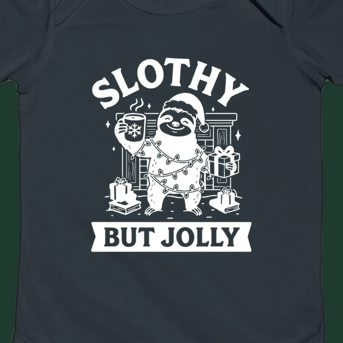 Sloth wearing Santa hat and Christmas lights, holding mug and gift, with text Slothy But Jolly.