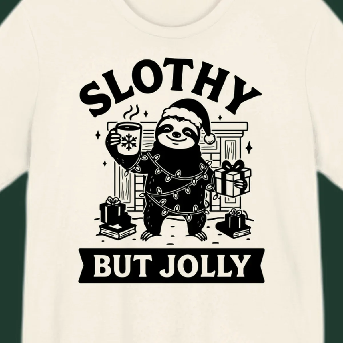 Sloth wearing Santa hat and Christmas lights, holding mug and gift, with text Slothy But Jolly.