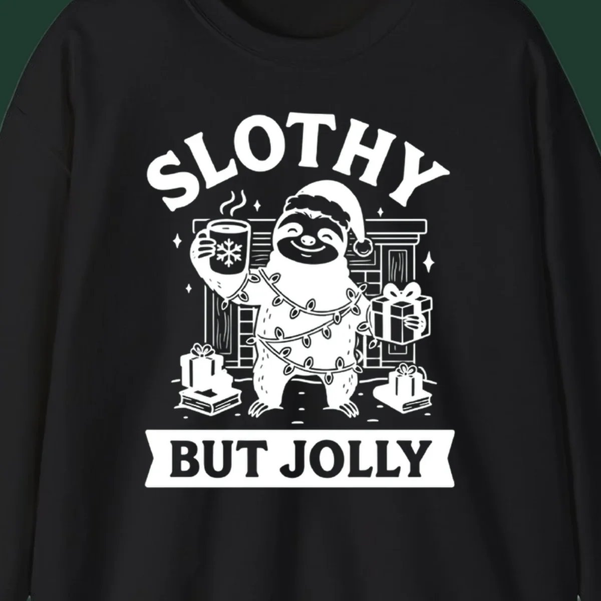 Sloth wearing Santa hat and Christmas lights, holding mug and gift, with text Slothy But Jolly.
