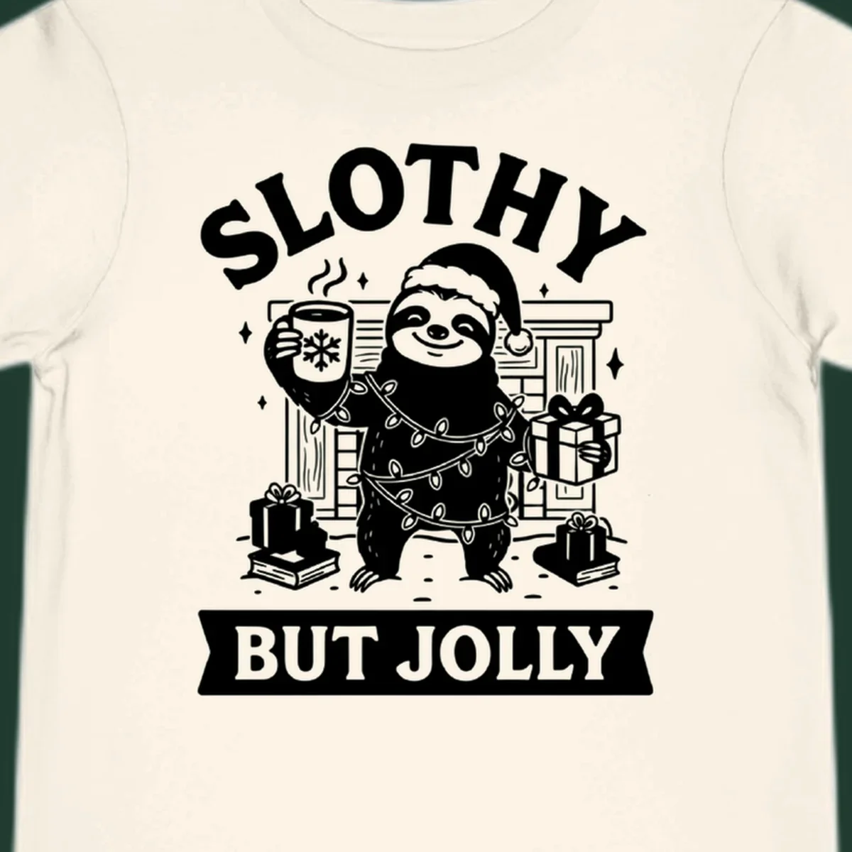 Sloth wearing Santa hat and Christmas lights, holding mug and gift, with text Slothy But Jolly.