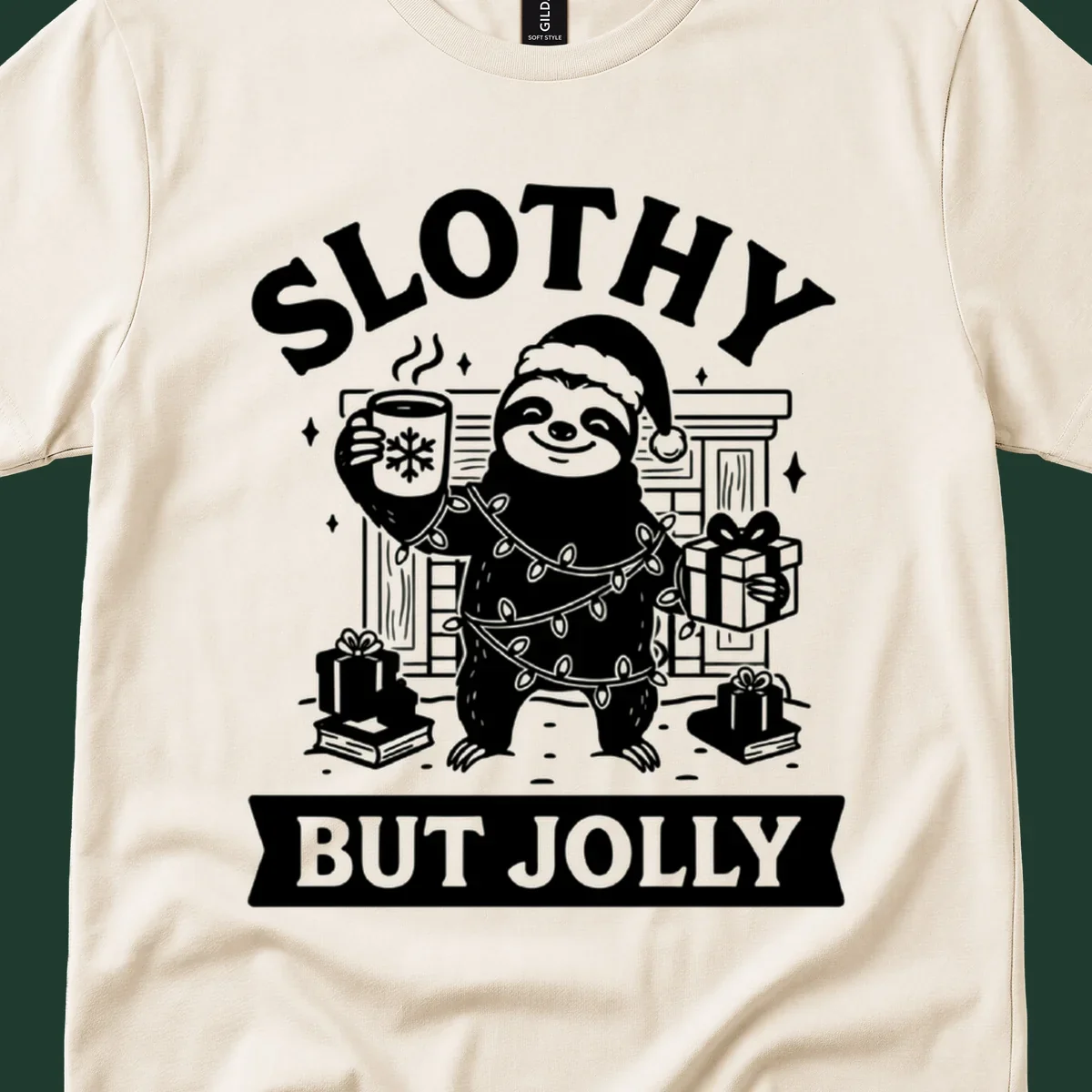 Sloth wearing Santa hat and Christmas lights, holding mug and gift, with text Slothy But Jolly.