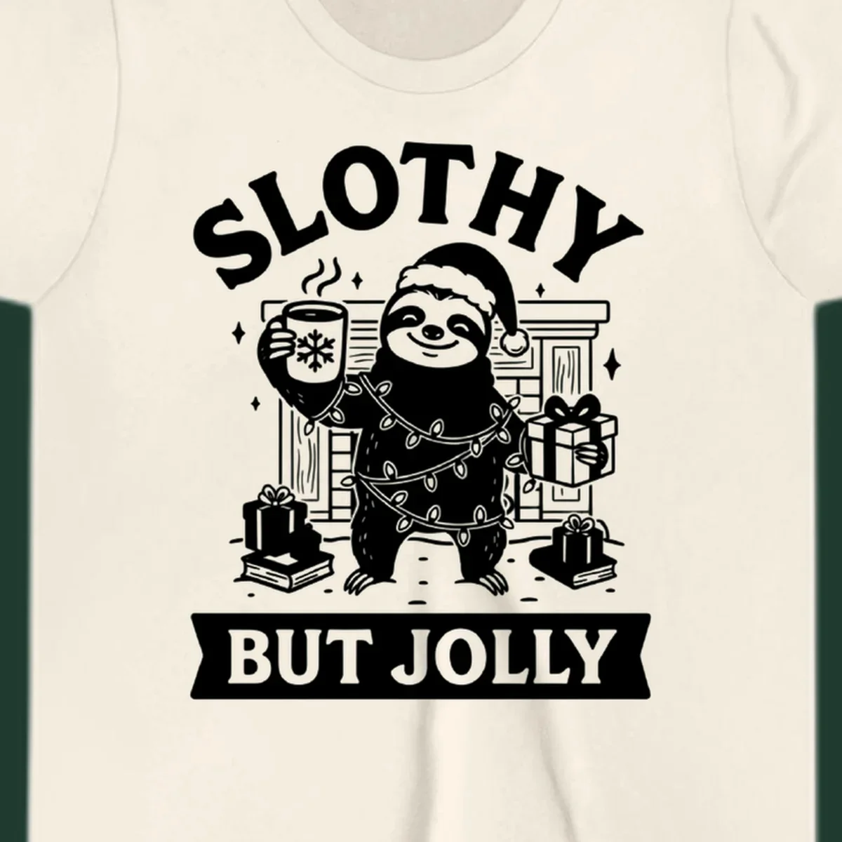 Sloth wearing Santa hat and Christmas lights, holding mug and gift, with text Slothy But Jolly.