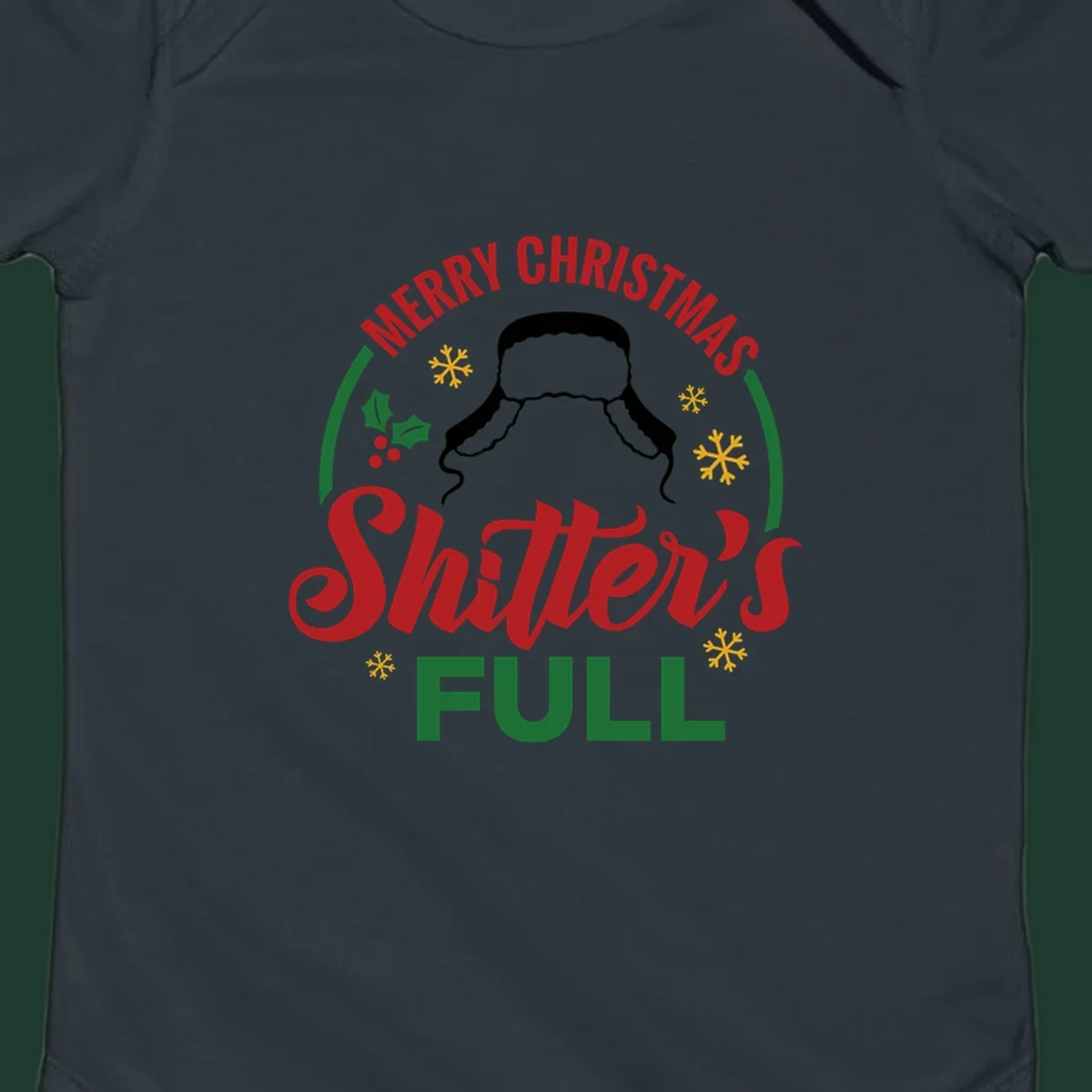 Christmas Shitter's Full graphic with text, hat silhouette, holly, and snowflakes.
