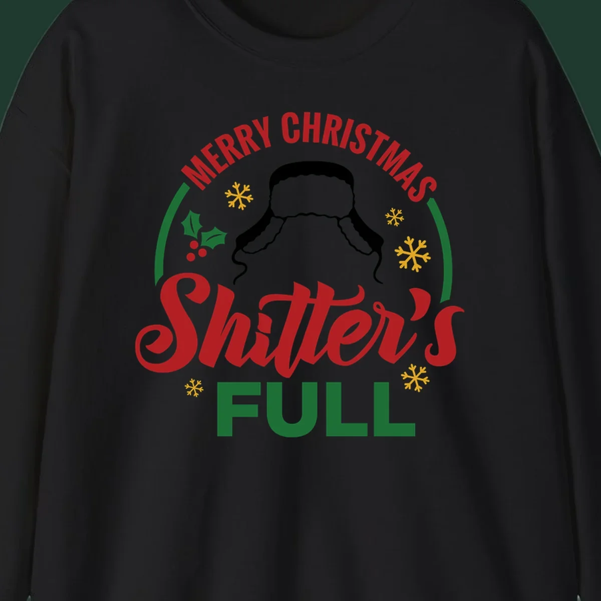 Christmas Shitter's Full graphic with text, hat silhouette, holly, and snowflakes.