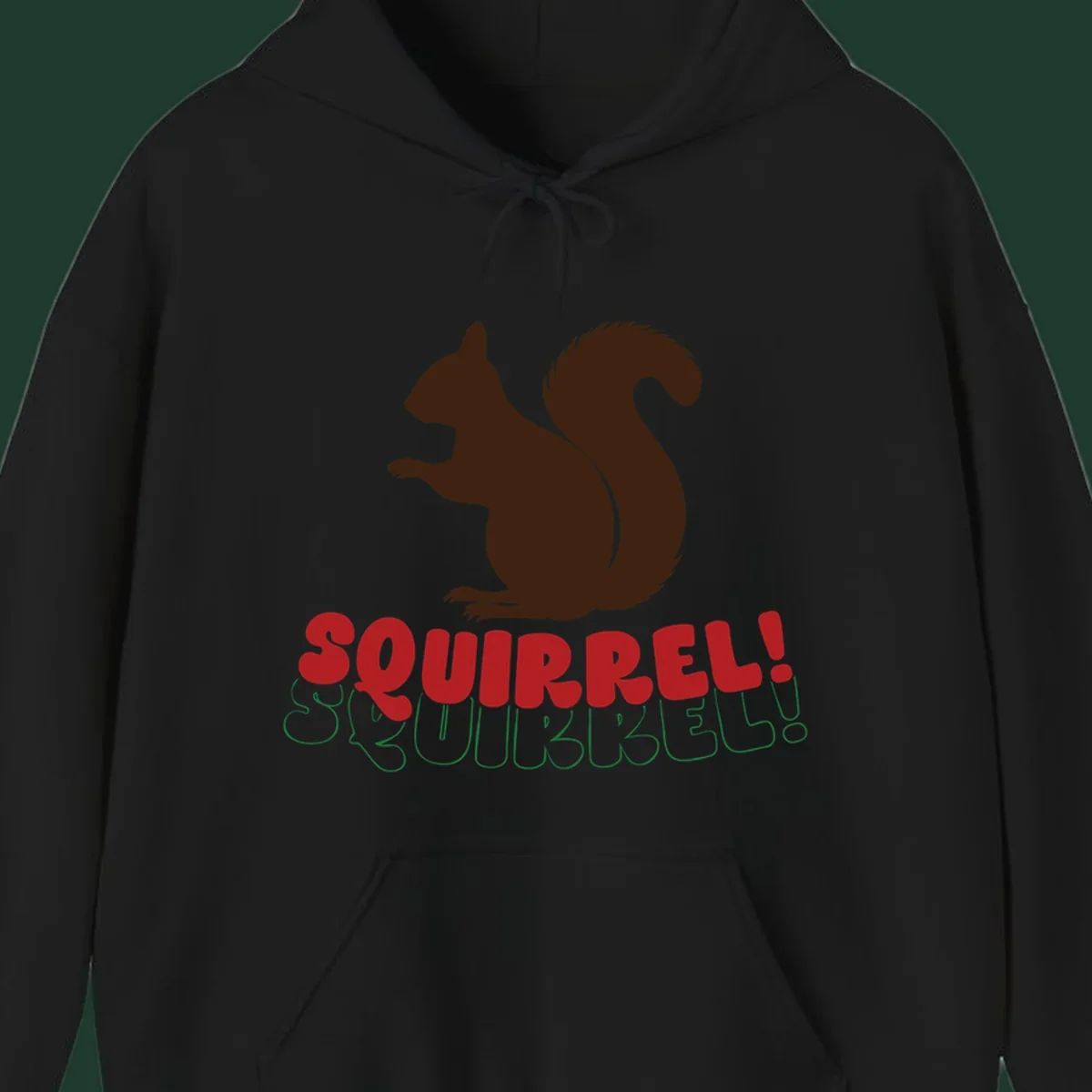Squirrel! Christmas Typography design with a brown squirrel silhouette and bold red and green text.