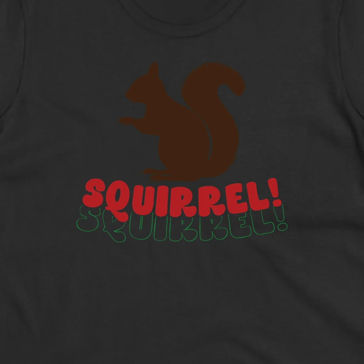 Squirrel! Christmas Typography design with a brown squirrel silhouette and bold red and green text.