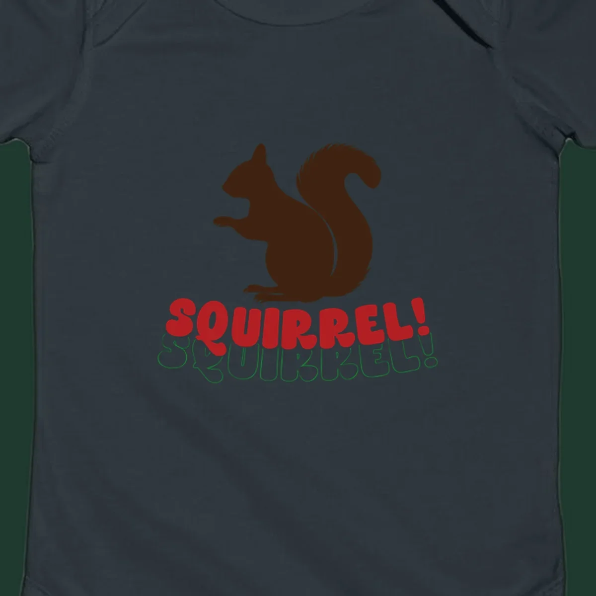 Squirrel! Christmas Typography design with a brown squirrel silhouette and bold red and green text.