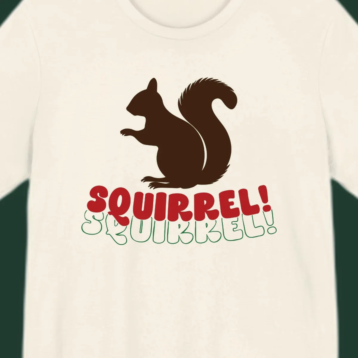 Squirrel! Christmas Typography design with a brown squirrel silhouette and bold red and green text.