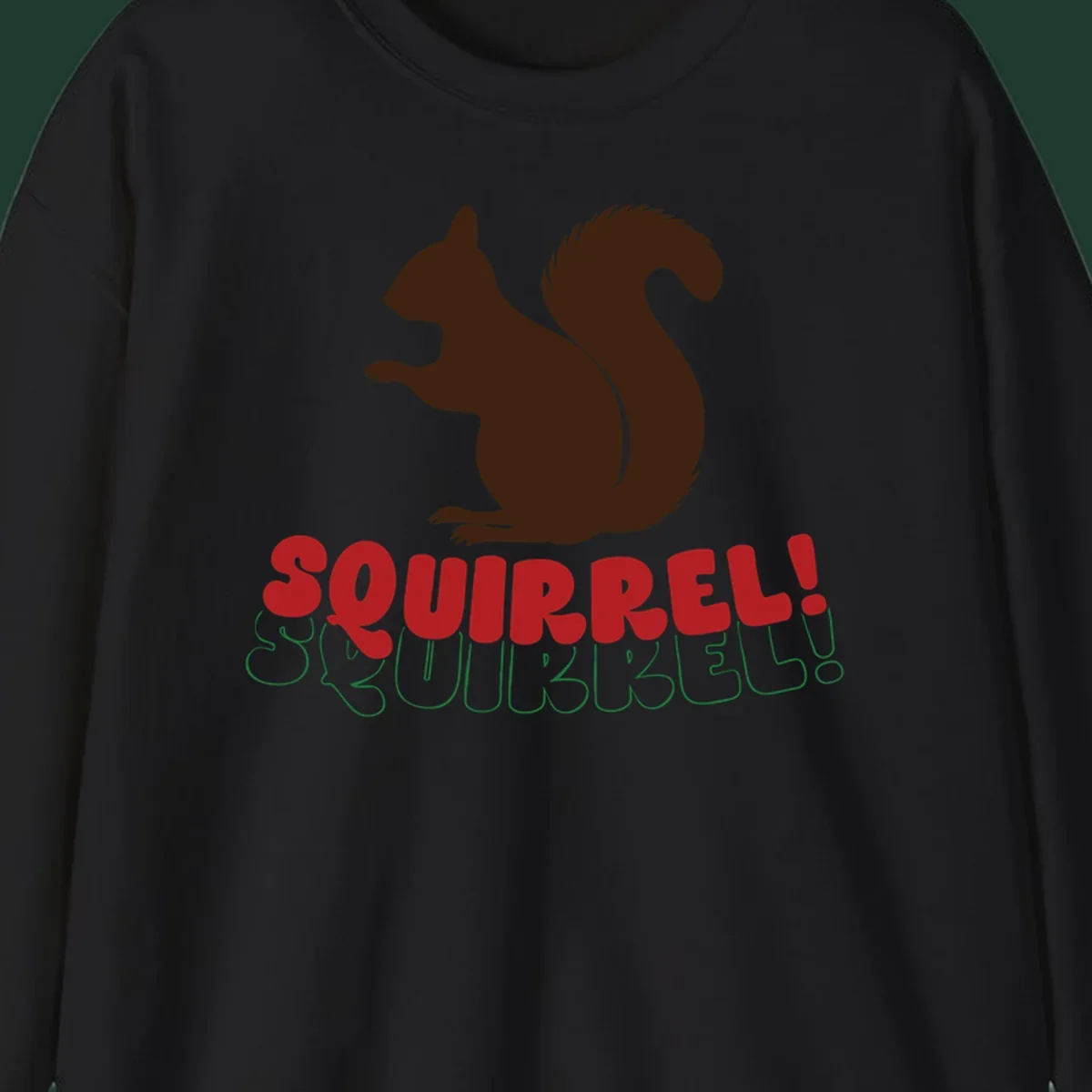 Squirrel! Christmas Typography design with a brown squirrel silhouette and bold red and green text.
