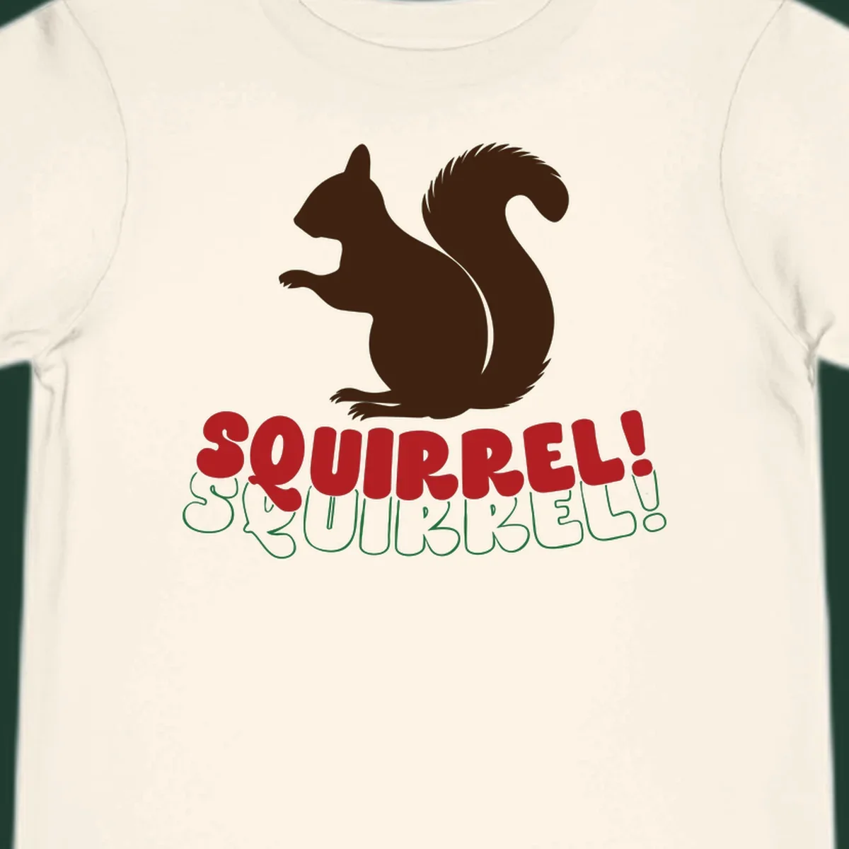Squirrel! Christmas Typography design with a brown squirrel silhouette and bold red and green text.