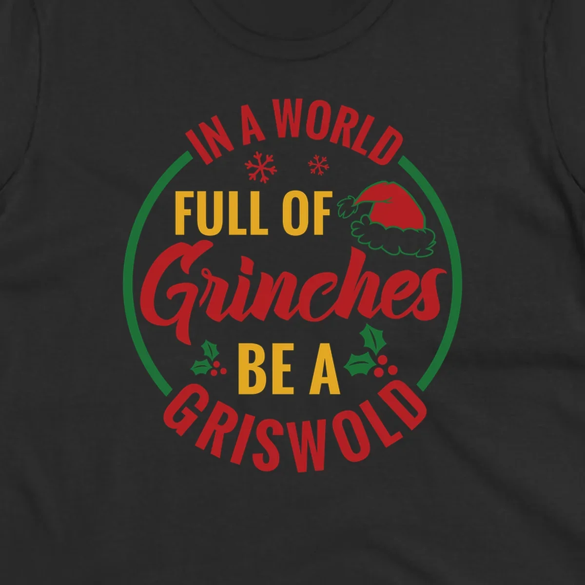 Circular design with text 'In A World Full Of Grinches Be A Griswold', snowflakes, Santa hat, and holly. Christmas graphic.