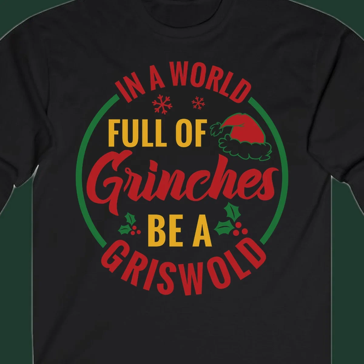 Circular design with text 'In A World Full Of Grinches Be A Griswold', snowflakes, Santa hat, and holly. Christmas graphic.