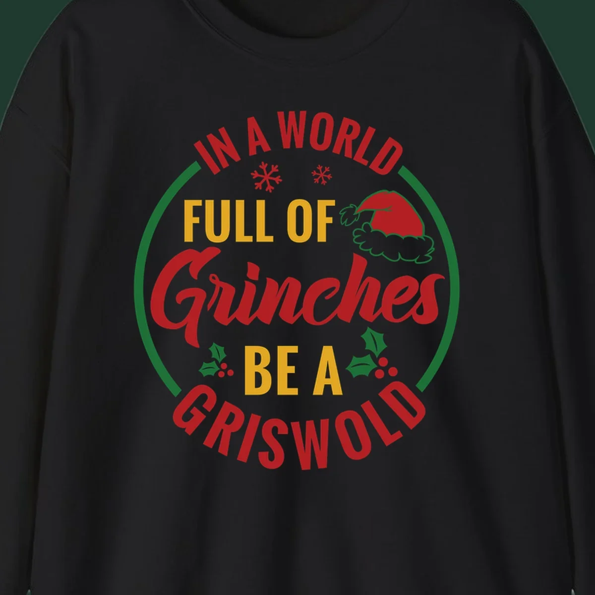 Circular design with text 'In A World Full Of Grinches Be A Griswold', snowflakes, Santa hat, and holly. Christmas graphic.