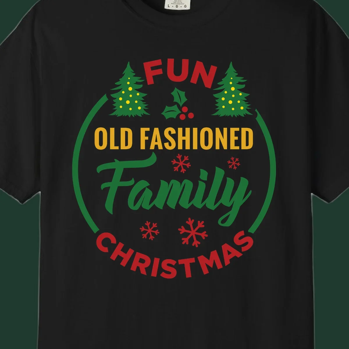 Old-fashioned family christmas design with trees and snowflakes.