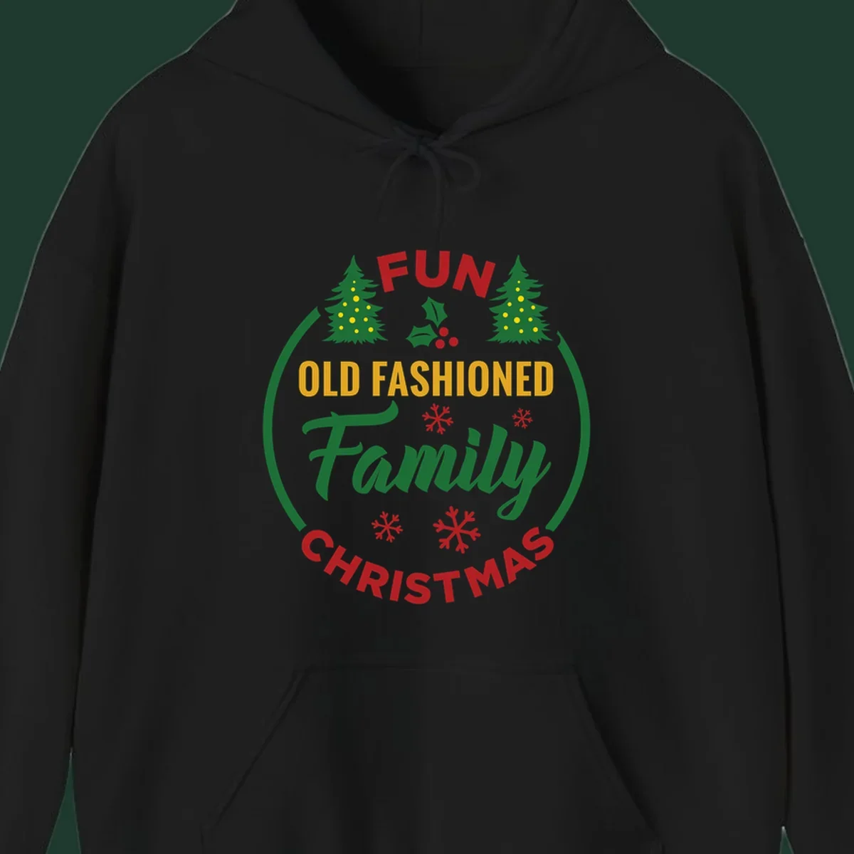 Old-fashioned family christmas design with trees and snowflakes.
