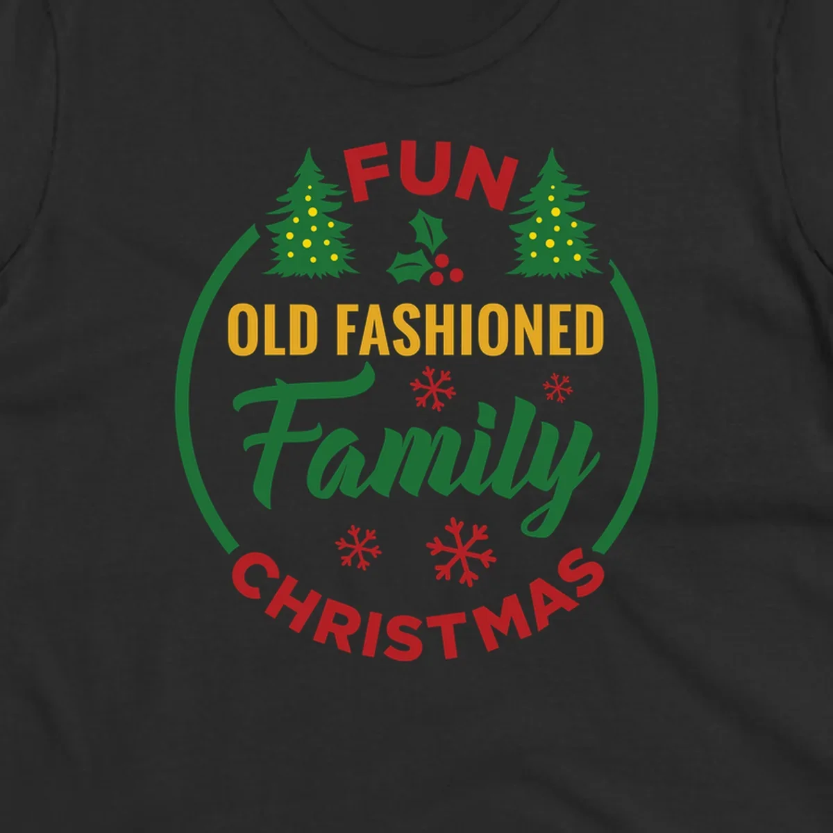 Old-fashioned family christmas design with trees and snowflakes.