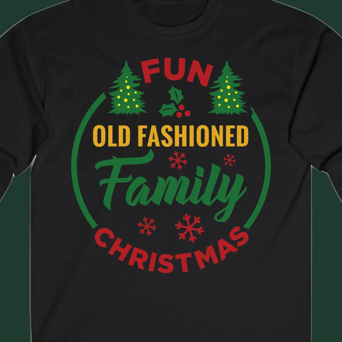 Old-fashioned family christmas design with trees and snowflakes.