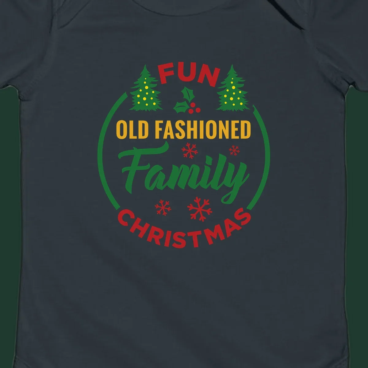 Old-fashioned family christmas design with trees and snowflakes.
