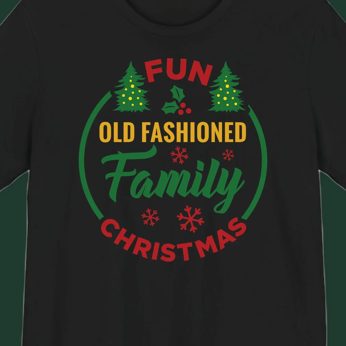 Old-fashioned family christmas design with trees and snowflakes.