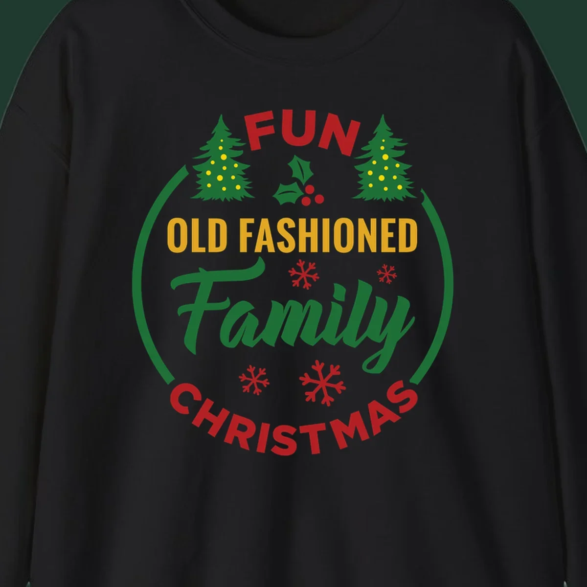 Old-fashioned family christmas design with trees and snowflakes.