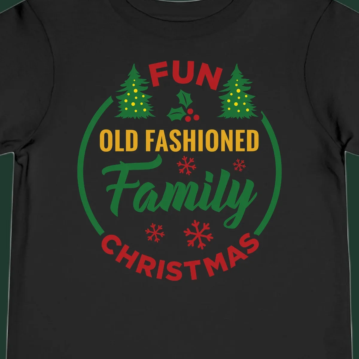 Old-fashioned family christmas design with trees and snowflakes.