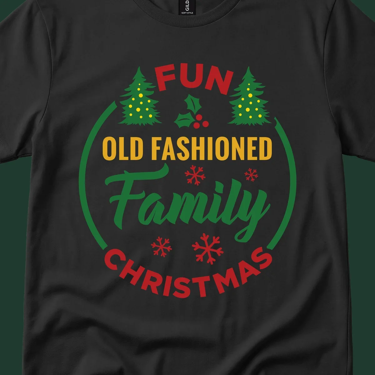 Old-fashioned family christmas design with trees and snowflakes.