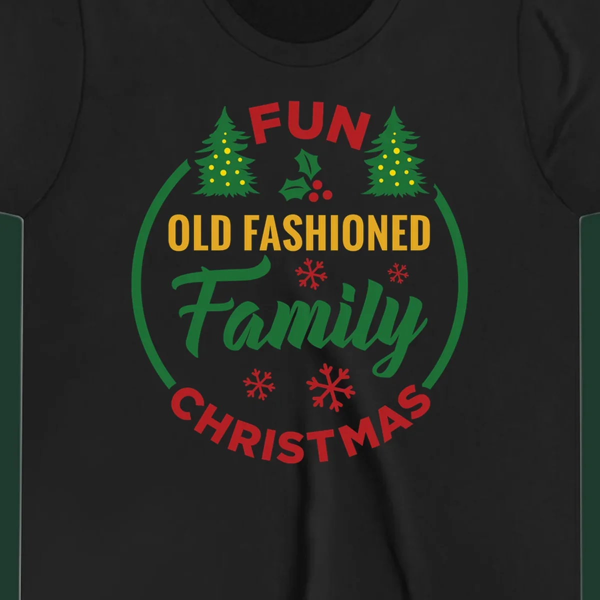 Old-fashioned family christmas design with trees and snowflakes.