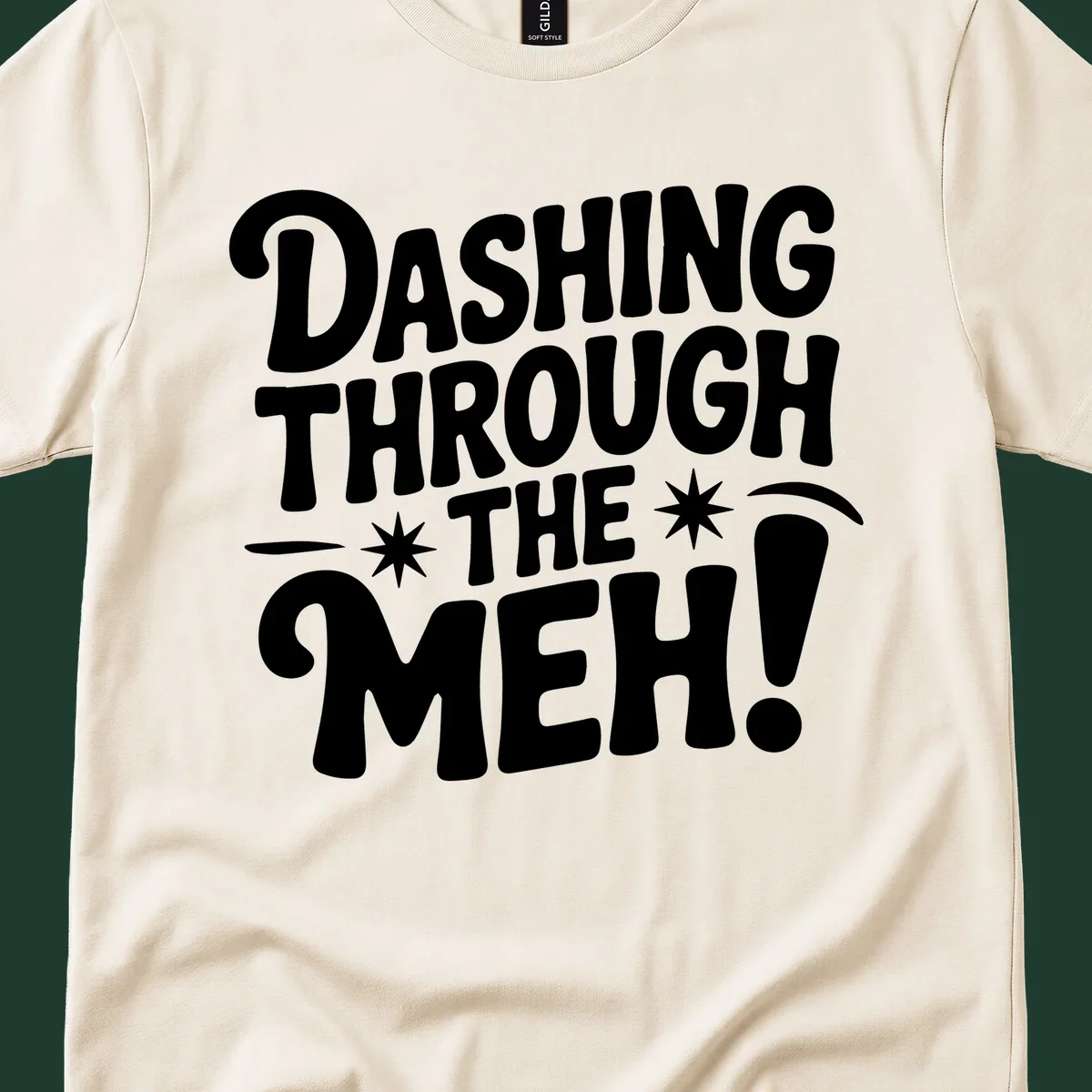 Dashing through the meh typography graphic on black background.