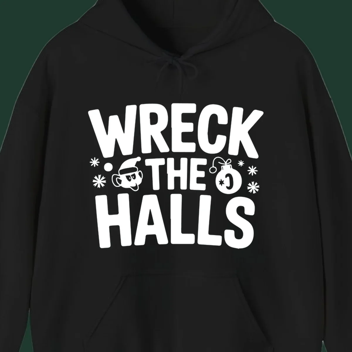 Wreck the Halls Christmas phrase with cartoon Santa hat face and ornament graphic.