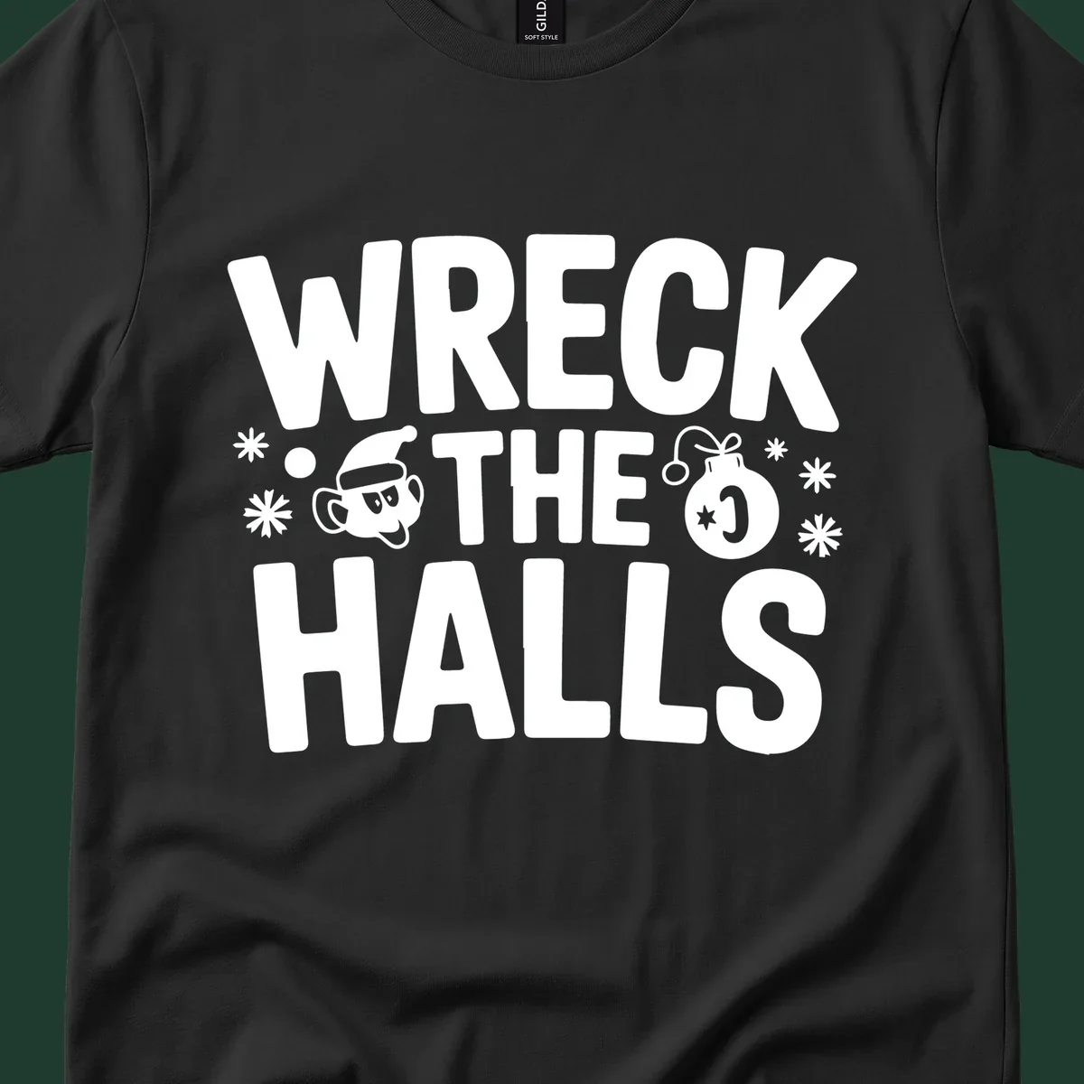 Wreck the Halls Christmas phrase with cartoon Santa hat face and ornament graphic.
