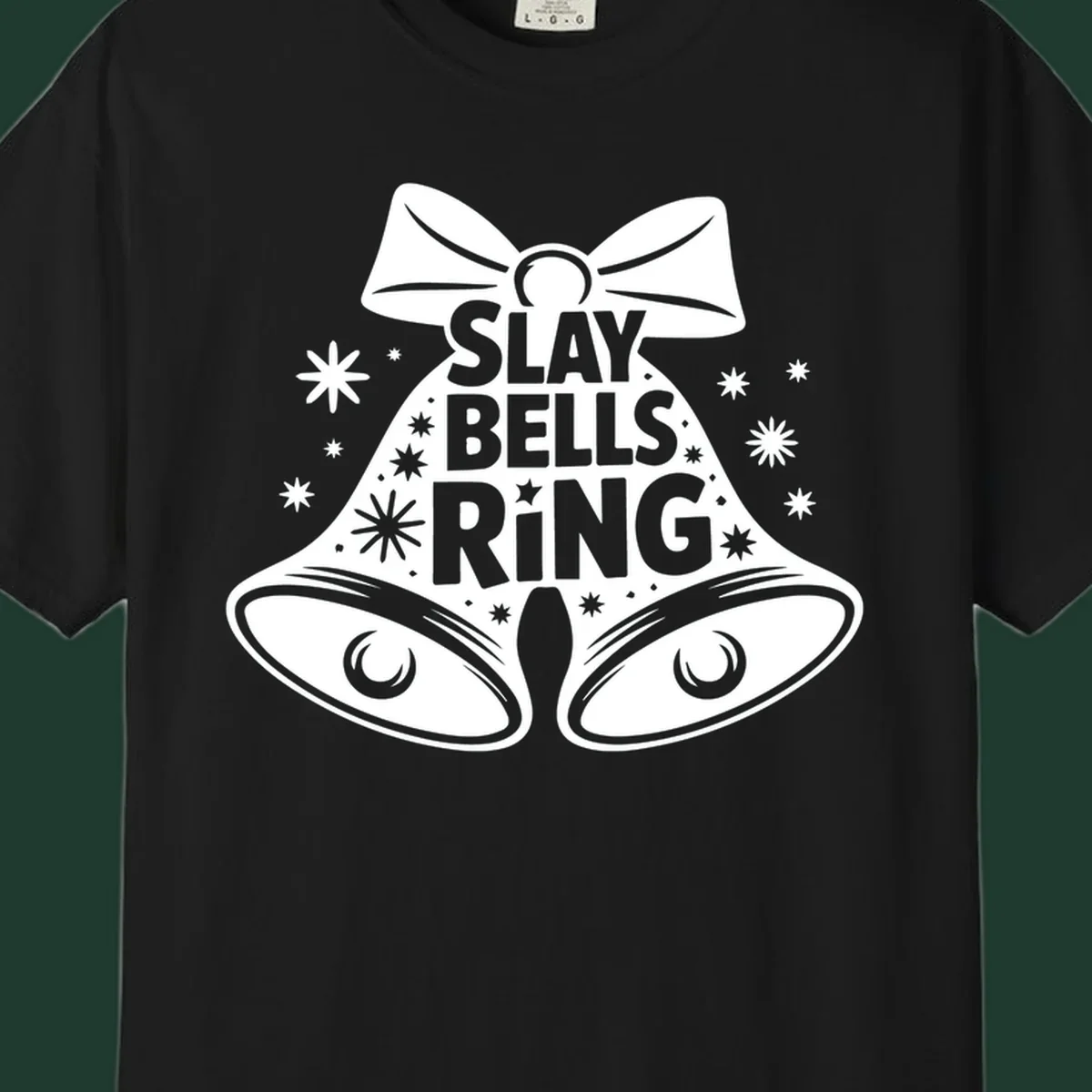Slay Bells Ring graphic with bells, bow, and stars.
