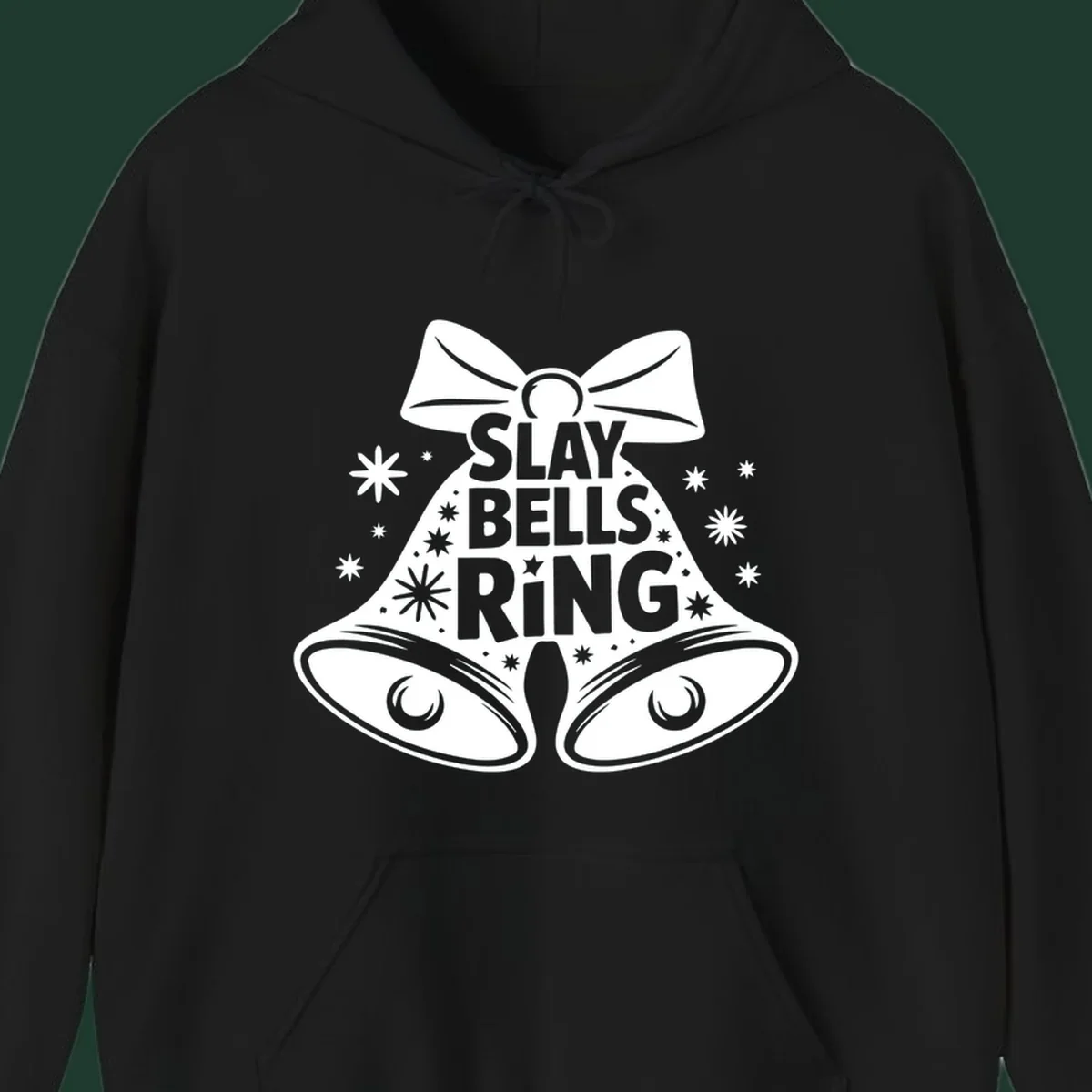 Slay Bells Ring graphic with bells, bow, and stars.