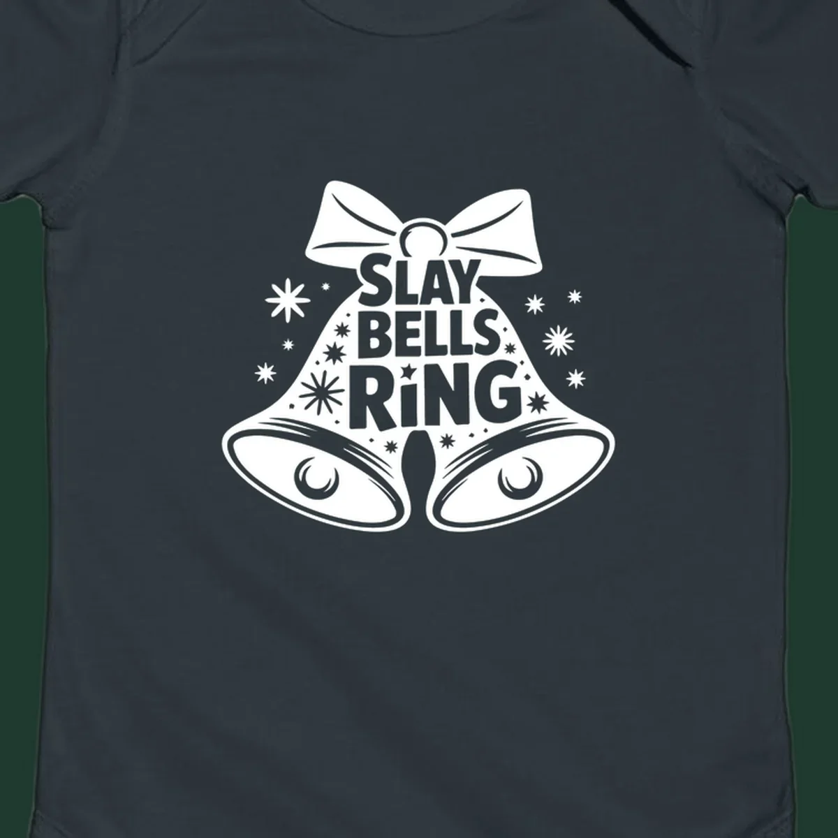 Slay Bells Ring graphic with bells, bow, and stars.