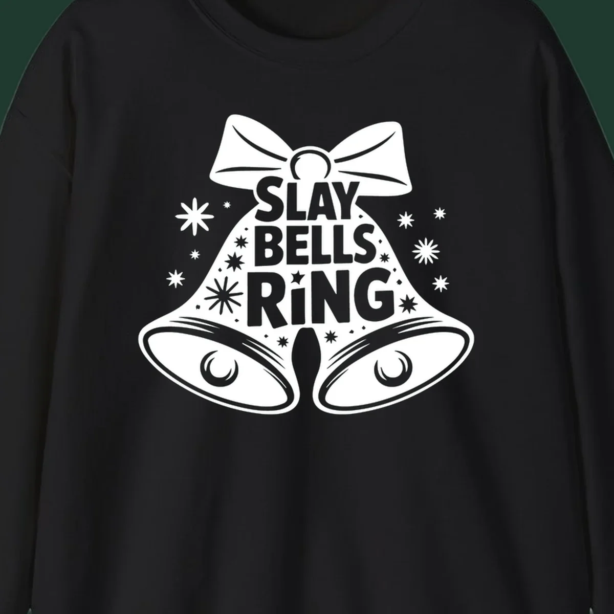 Slay Bells Ring graphic with bells, bow, and stars.