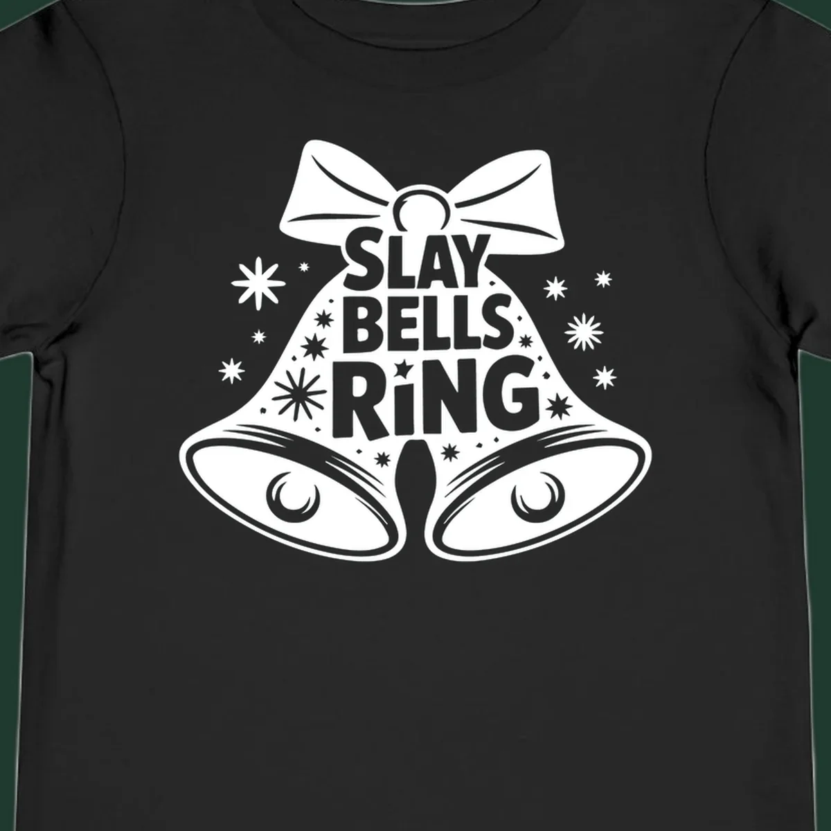 Slay Bells Ring graphic with bells, bow, and stars.