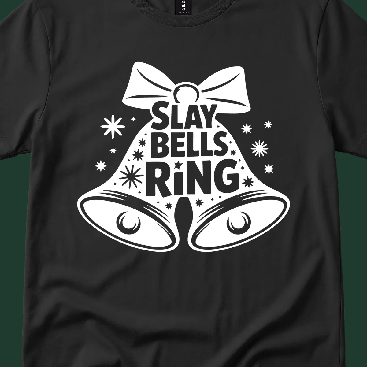 Slay Bells Ring graphic with bells, bow, and stars.