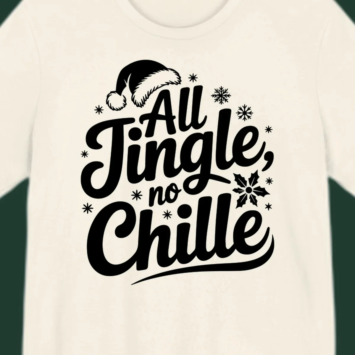 All Jingle No Chille Christmas phrase with Santa hat and snowflakes graphic.