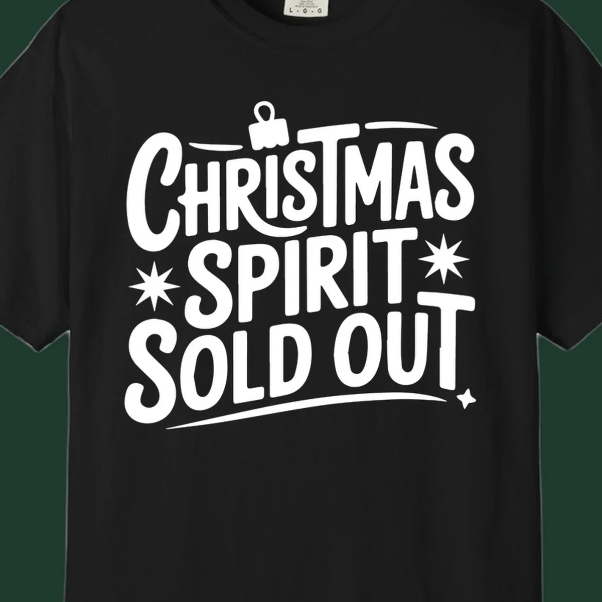 White text graphic: Christmas Spirit Sold Out, with ornament and starburst details.