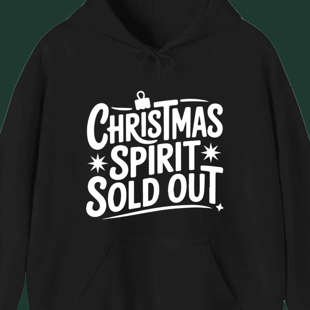 White text graphic: Christmas Spirit Sold Out, with ornament and starburst details.