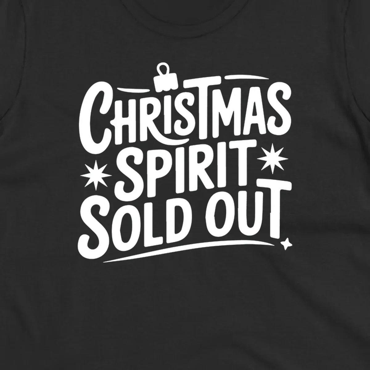 White text graphic: Christmas Spirit Sold Out, with ornament and starburst details.