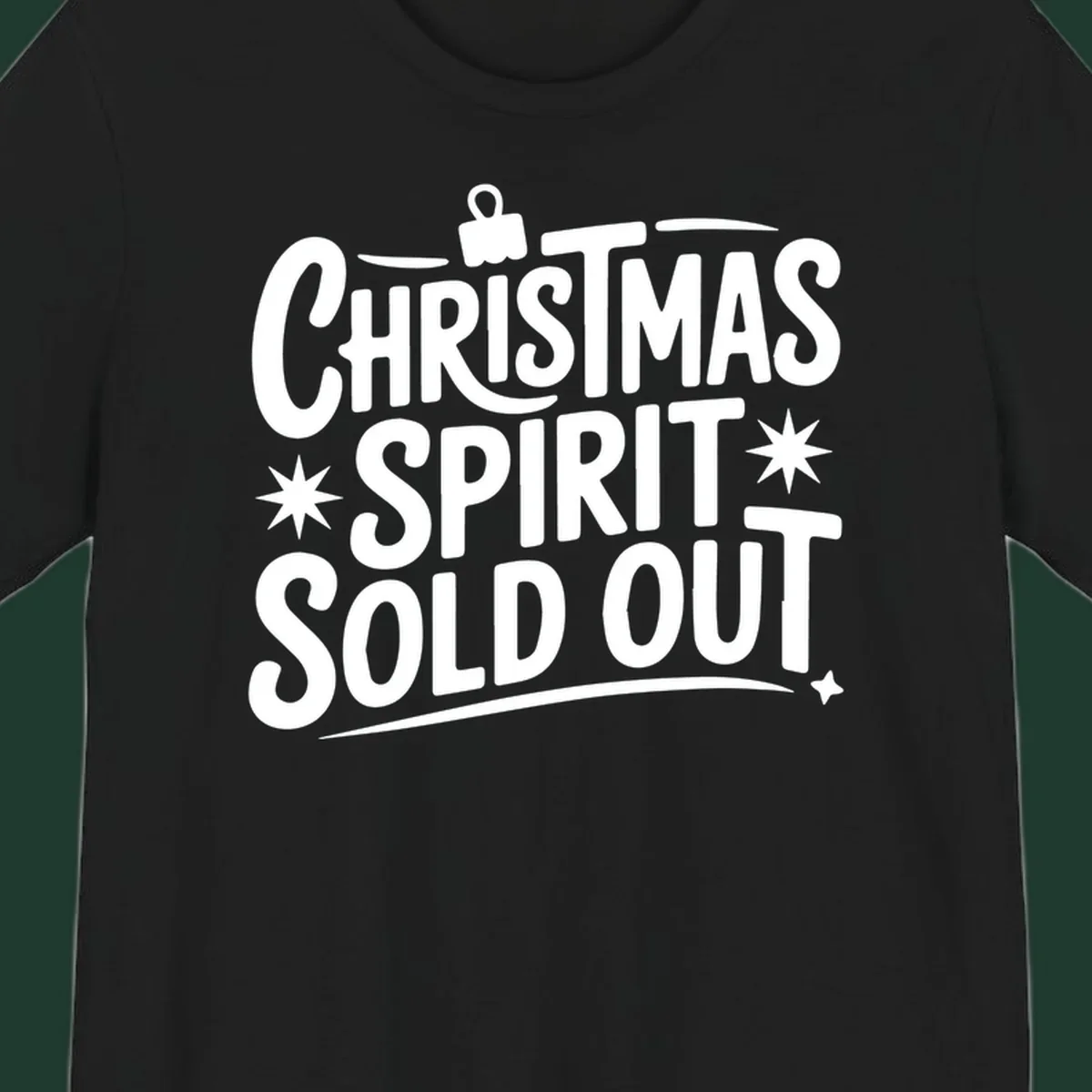 White text graphic: Christmas Spirit Sold Out, with ornament and starburst details.