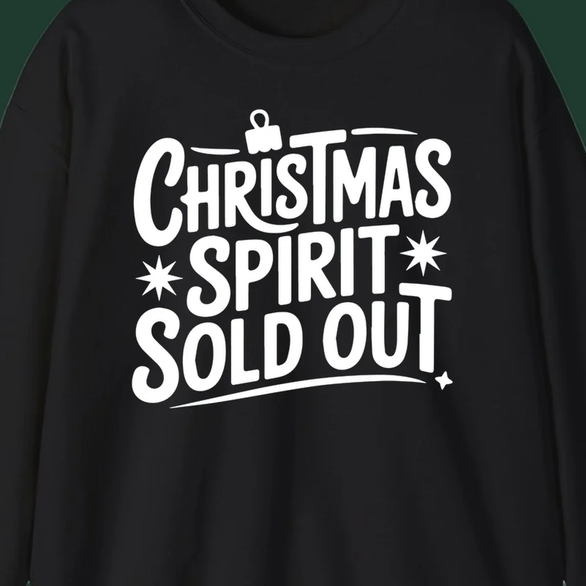 White text graphic: Christmas Spirit Sold Out, with ornament and starburst details.